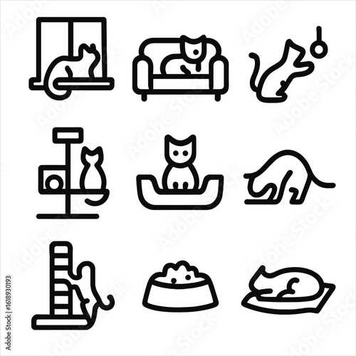 Indoor Cat Icon Set. Solid, filled icon set of indoor cats: window perch, couch, indoor play, cat tree, litter box, water dish,
