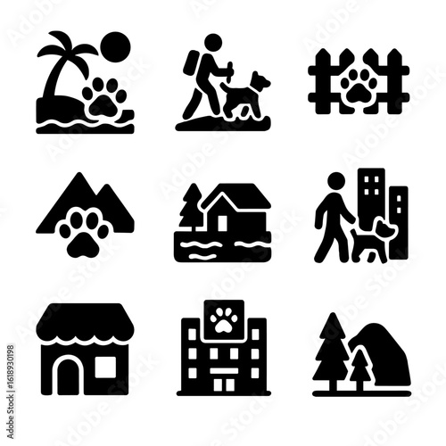 Pet-Friendly Icons. Solid, filled icon set of pet-friendly destinations: beach with paw, hiking trail, dog park, mountain view,