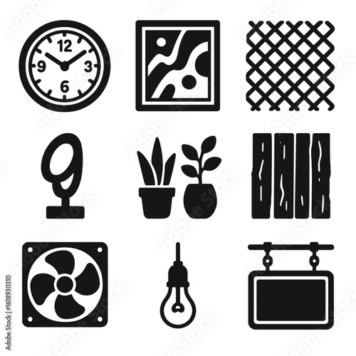 Industrial Loft Icons. Solid, filled icon set of industrial loft decor elements: vintage clock, metal sculpture, abstract painting
