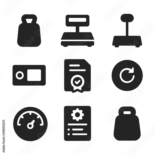 Industrial Scale Icons. Solid, filled icons set of industrial scale calibration: standard weight, digital