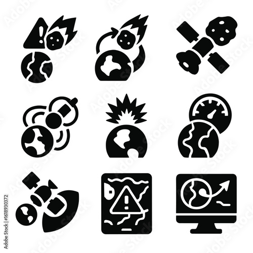 Planetary Defense Icons. Solid, filled icon set of planetary defense: impact warning, asteroid deflection, kinetic impactor,
