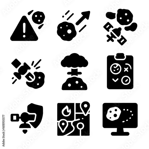 Planetary Defense Icons. Solid, filled icon set of planetary defense: impact warning, asteroid deflection, kinetic impactor,