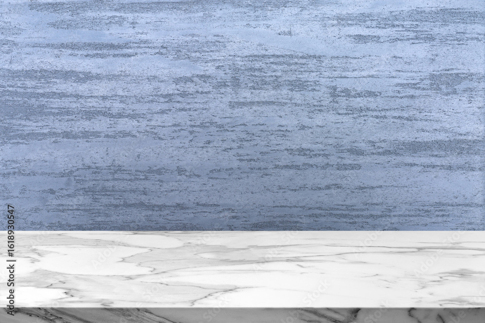 Fototapeta premium Marble countertop with light concrete wall background, ideal for product display, mockup, minimalist kitchen or bathroom interior, luxury texture design, clean and modern empty surface