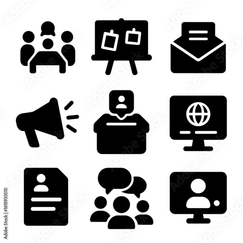 Internal Communication Icons. Solid, filled icon set of internal communication: team meeting, bulletin board, email newsletter,
