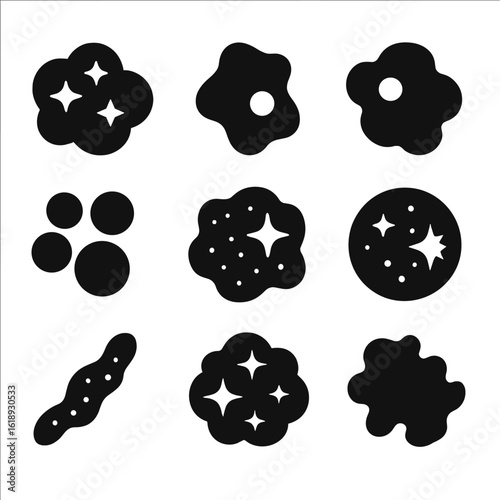 Interstellar Cloud Icons. Solid, filled icons set of interstellar clouds and nebulae: emission cloud, dark