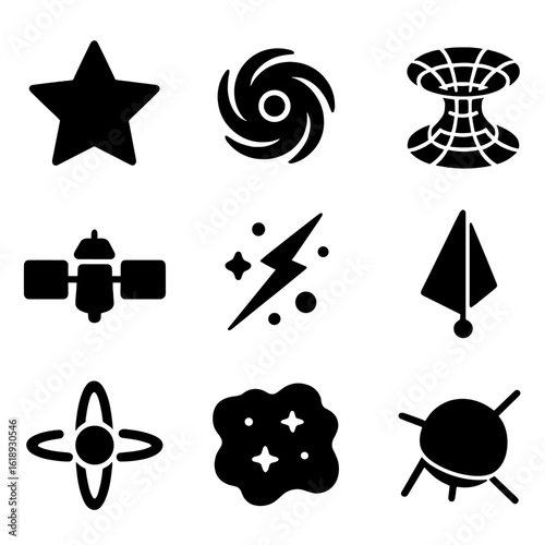 Interstellar Energy Icons. Solid, filled icon set of interstellar energy harvesting: star, black hole, wormhole, space satellite,