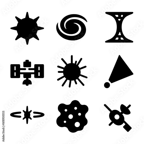 Interstellar Energy Icons. Solid, filled icon set of interstellar energy harvesting: star, black hole, wormhole, space satellite,