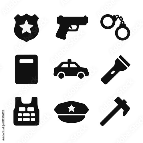 Police Raid Icons. Solid, filled icon set of police officers during a raid: police badge, gun, handcuffs, riot shield, police car,