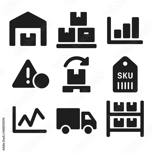 Inventory Icons Grid. Solid, filled icons set of inventory trends: warehouse icon, stacked boxes, stock level