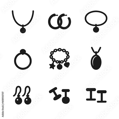 Jewelry Icon Set. Solid, filled icon set of delicate jewelry: thin chain necklace, small pendant, hoop earrings, delicate bracelet