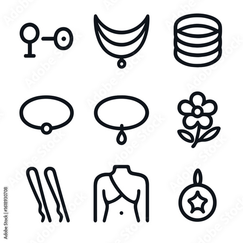 Jewelry Icon Set. Solid, filled icon set of jewelry wearing styles: ear studs, layered necklaces, stacked rings, delicate