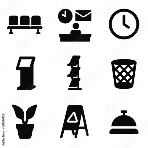 Postal Office Icons. Solid, filled icon set of postal office environment: waiting chairs, service counter, clock on wall,
