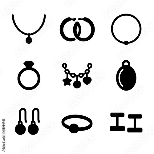 Jewelry Icon Set. Solid, filled icon set of delicate jewelry: thin chain necklace, small pendant, hoop earrings, delicate bracelet