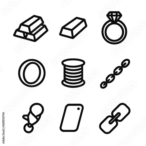 Jewelry Metals Icon Set. Solid, filled icon set of metals used in delicate jewelry: gold bar, silver ingot, rose gold ring,