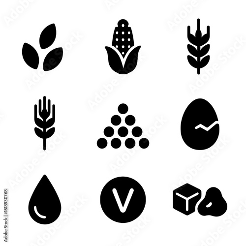 Poultry Feed Icons. Solid, filled icon set of poultry feed ingredients: grains, corn, wheat, barley, calcium, protein pellets,
