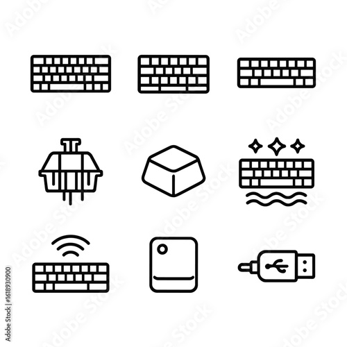 Keyboard Layout Icons. Outline icon set of device key layouts: full keyboard, tenkeyless keyboard, 60% keyboard, mechanical switch
