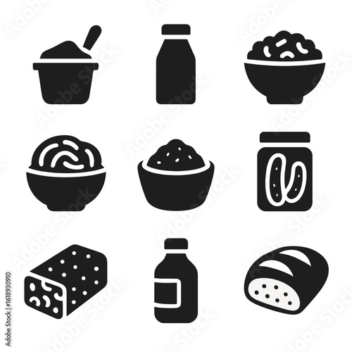 Probiotic Foods Icons. Solid, filled icon set of probiotic foods: yogurt, kefir, sauerkraut, kimchi, miso, pickles, tempeh,