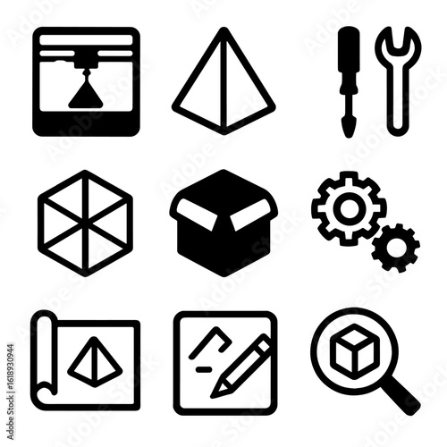 Product Prototyping Icons. Solid, filled icon set of product prototyping: 3D printer, model, tools, wireframe, prototype box,