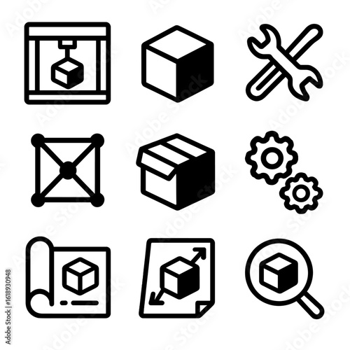 Product Prototyping Icons. Solid, filled icon set of product prototyping: 3D printer, model, tools, wireframe, prototype box,