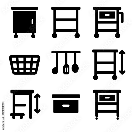 Kitchen Cart Icons. Solid, filled icon set of portable kitchen cart features: storage space, rolling wheels, wooden shelf,