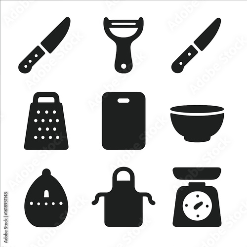 Kitchen Tools Icons. Solid, filled icons set of common kitchen prep tools: chef’s knife, vegetable peeler,