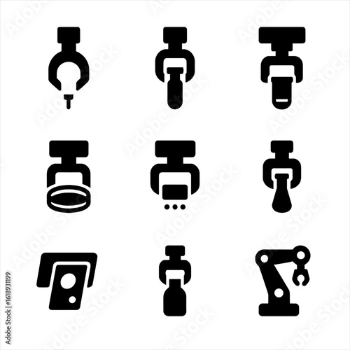 Lab Automation Icons. Solid, filled icon set of lab automation grippers: pipette handler, microtube grip, sample picker, petri