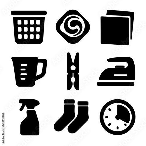 Laundry Essentials Icons. Solid, filled icons set of laundry day essentials: laundry hamper, detergent pod,