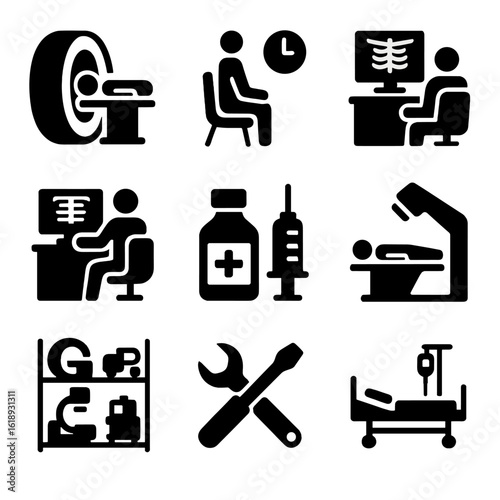 Radiology Department Icons. Solid, filled icon set of radiology departments: imaging room, waiting area, control room, reporting