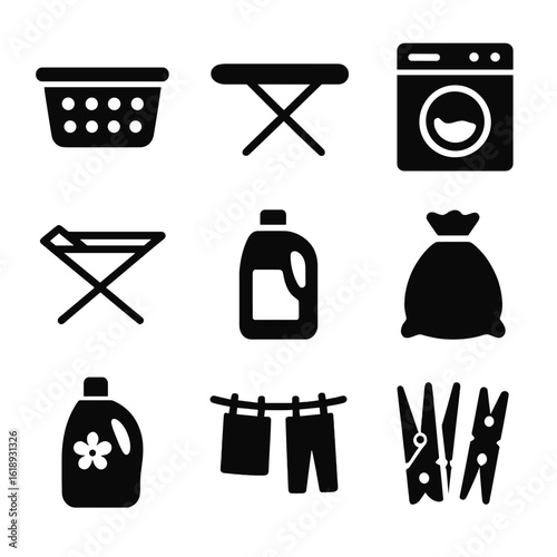 Laundry Room Icons. Solid, filled icon set of laundry room essentials: laundry basket, ironing board, washing machine, drying rack