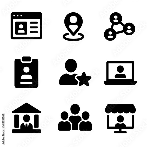 Recruitment Platform Icons. Solid, filled icon set of recruitment platforms: job board, career site, social media, applicant