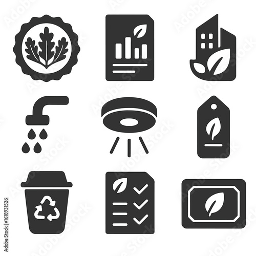 LEED Certification Icons. Solid, filled icons set of LEED-certified architecture components: certification