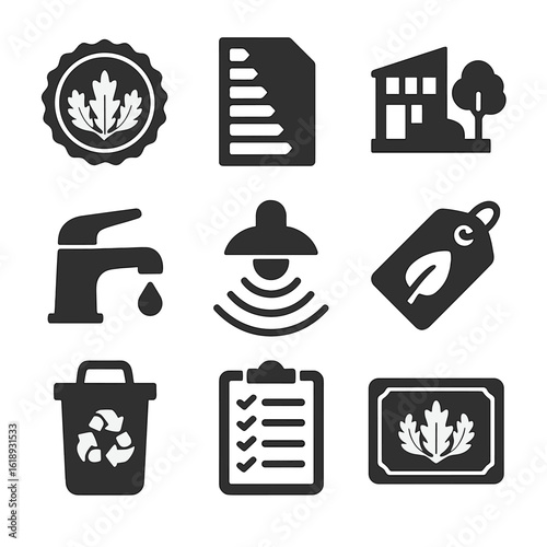 LEED Certification Icons. Solid, filled icons set of LEED-certified architecture components: certification