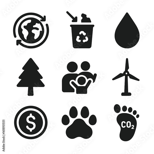 Recycling Impact Icons. Solid, filled icon set of recycling benefits and impacts: clean earth, reduced landfill, water droplet,