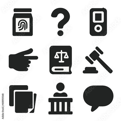 Legal Icon Set. Solid, filled icon set of evidence and witness interaction: evidence bag, question mark, audio recorder, hand