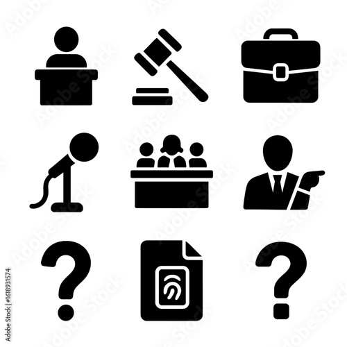 Legal Icon Set. Solid, filled icon set of cross-examination of witness: witness stand, gavel, legal briefcase, microphone,