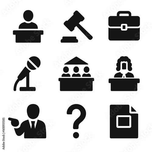 Legal Icon Set. Solid, filled icon set of cross-examination of witness: witness stand, gavel, legal briefcase, microphone,