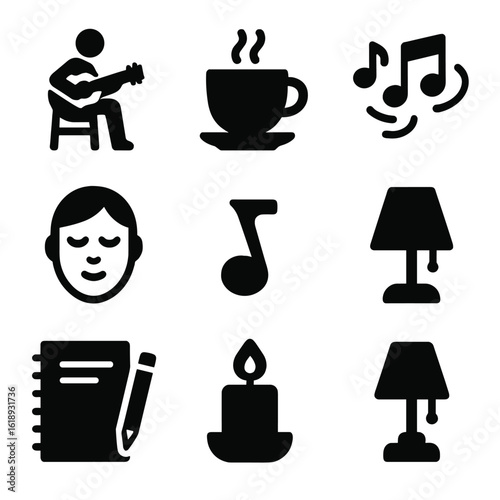 Relaxing Music Icon Set. Solid, filled icon set of relaxing music practice moments: sitting on chair, drinking tea, calming music