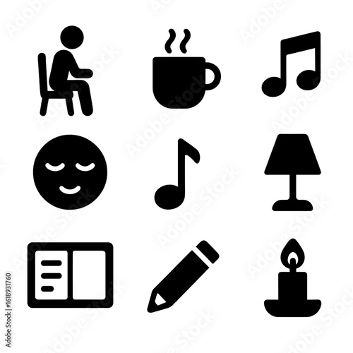 Relaxing Music Icon Set. Solid, filled icon set of relaxing music practice moments: sitting on chair, drinking tea, calming music