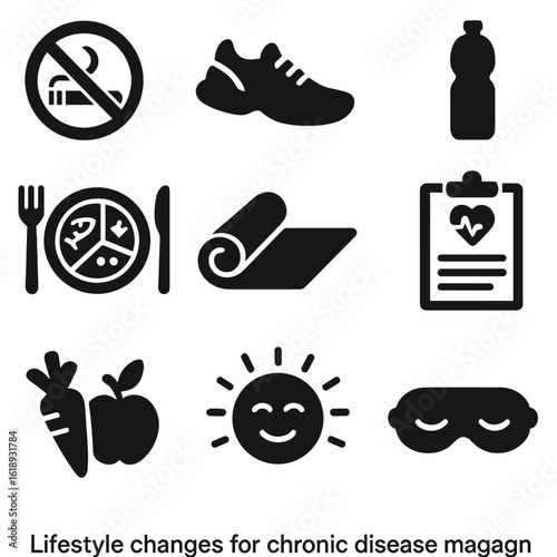 Lifestyle Change Icons. Solid, filled icons set of lifestyle changes for chronic disease: no smoking icon,