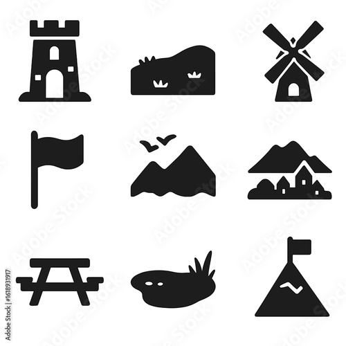 Lookout Tower Icons. Solid, filled icon set of lookout tower scene: stone tower, grassy slope, windmill, flag, birds, mountain