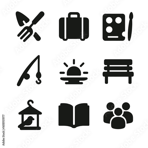 Retirement Lifestyle Icons. Solid, filled icon set of retirement lifestyle: gardening tools, travel suitcase, hobby paints,