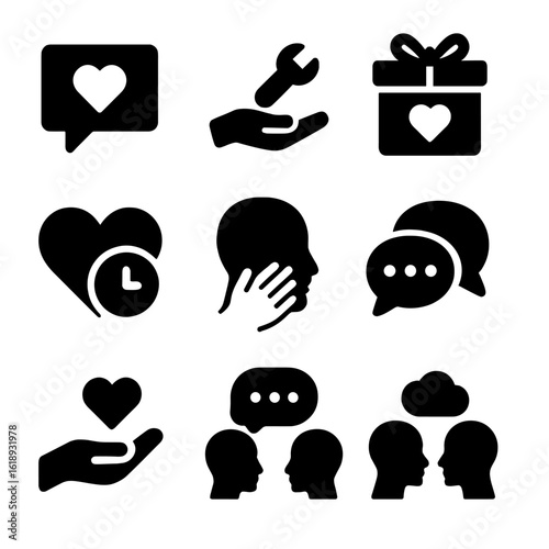 Love Languages Icon Set. Solid, filled icon set of love languages: words of affirmation, acts of service, receiving gifts, quality