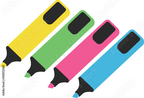 Colorful Highlighters in Yellow Green Pink and Blue Arranged Diagonally on Transparent Background