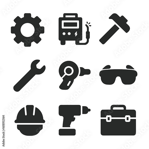 Machinery Workshop Icons. Solid, filled icon set of machinery workshop: gear wheel, welding machine, hammer, wrench, grinder,