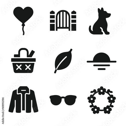 Romantic Stroll Icons. Solid, filled icon set of romantic stroll elements: heart balloon, park gate, pet dog, picnic basket, leaf