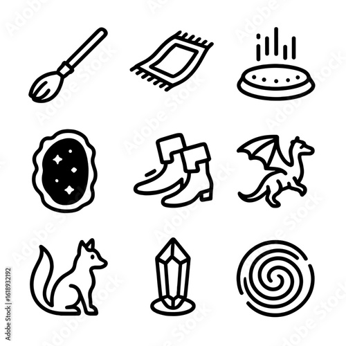 Magical Transport Icons. Solid, filled icon set of magical transportation: flying broomstick, enchanted carpet, teleportation
