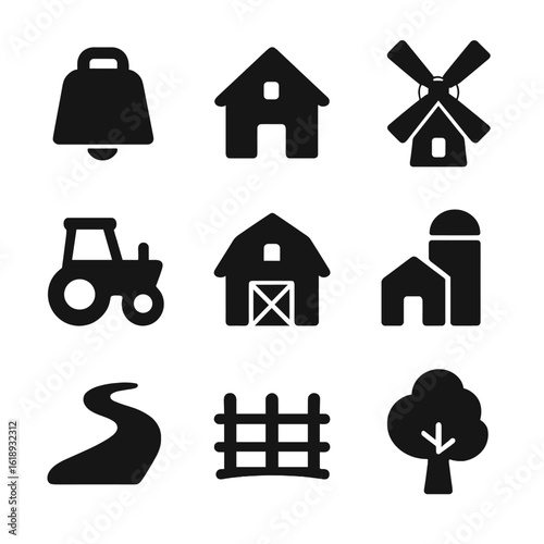 Rural Life Icons. Solid, filled icon set of Cow bell and rural life: cow bell, farmhouse, windmill, tractor, barn, silo, country