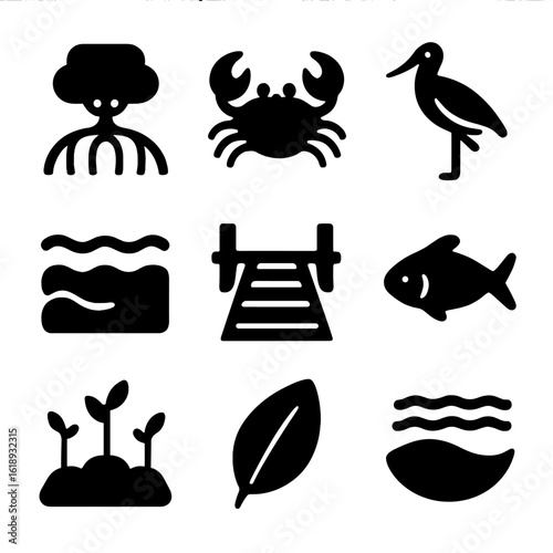 Mangrove Ecosystem Icons. Solid, filled icon set of mangrove ecosystems: mangrove root, mud crab, wading bird, brackish water,
