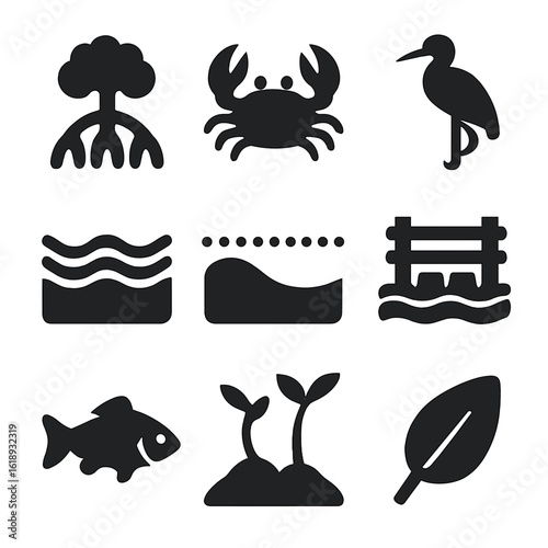 Mangrove Ecosystem Icons. Solid, filled icon set of mangrove ecosystems: mangrove root, mud crab, wading bird, brackish water,