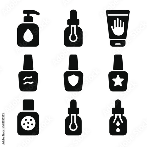 Manicure Icon Set. Solid, filled icon set of Soft manicure products: moisturizing lotion, cuticle oil, hand cream, nail